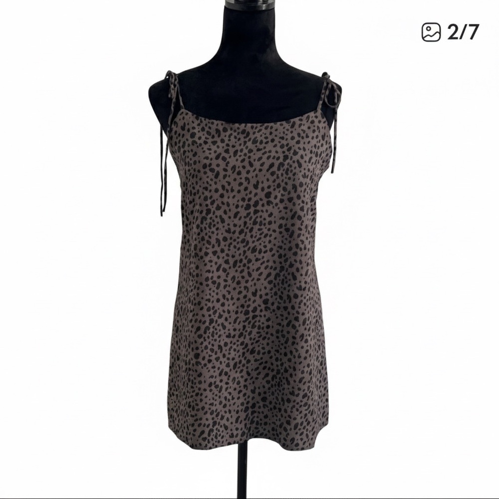 Y2K Audrey 3+1 Gray Leopard Slip Mini Dress Spaghetti Strap with Ties NWT